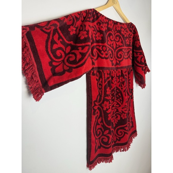 VTG Fieldcrest Sz M Towel Mini Dress Red & Burgundy Damask Pattern Fringe RARE - Picture 2 of 11